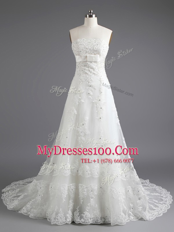 Artistic With Train White Bridal Gown Lace Court Train Sleeveless Beading and Lace