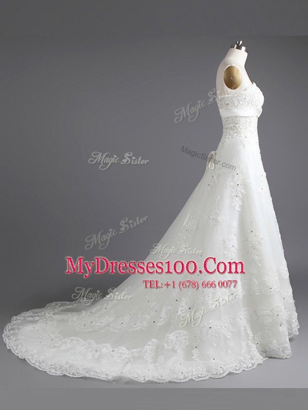 Artistic With Train White Bridal Gown Lace Court Train Sleeveless Beading and Lace