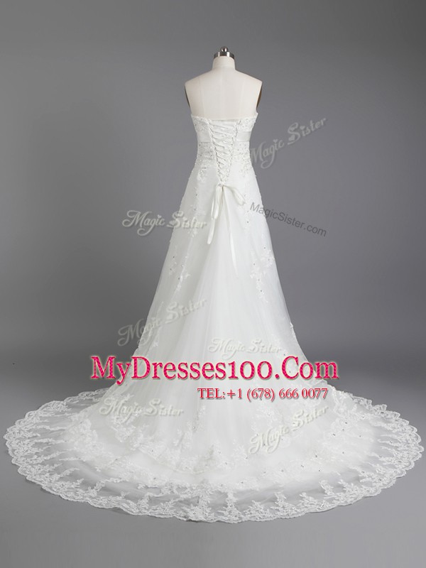 Artistic With Train White Bridal Gown Lace Court Train Sleeveless Beading and Lace