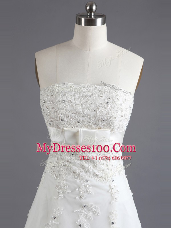 Artistic With Train White Bridal Gown Lace Court Train Sleeveless Beading and Lace