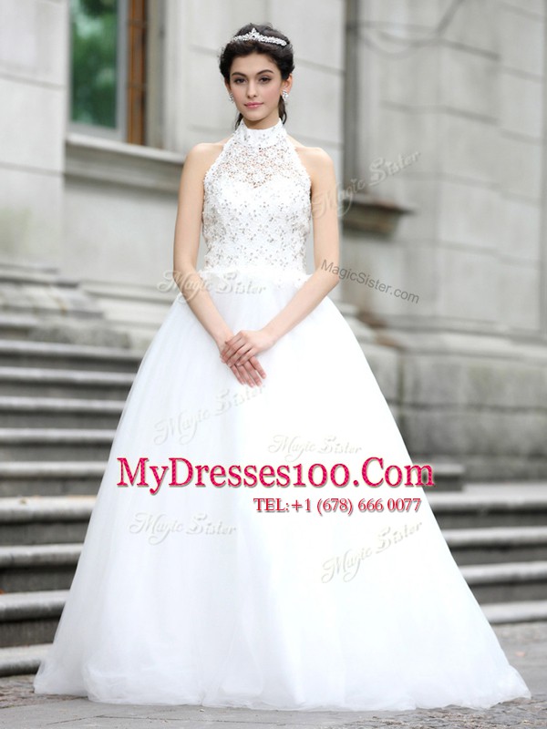 Gorgeous Floor Length White Wedding Gowns High-neck Sleeveless Zipper