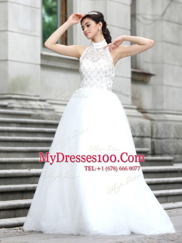 Gorgeous Floor Length White Wedding Gowns High-neck Sleeveless Zipper