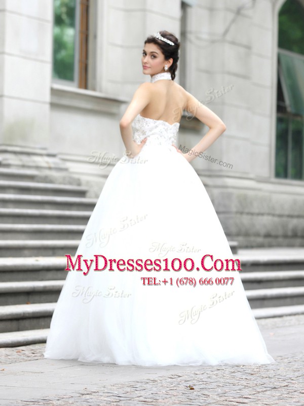 Gorgeous Floor Length White Wedding Gowns High-neck Sleeveless Zipper
