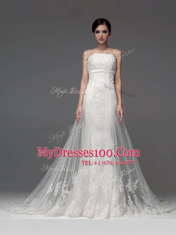 Brush Train Column/Sheath Wedding Dresses White Strapless Tulle Sleeveless With Train Lace Up