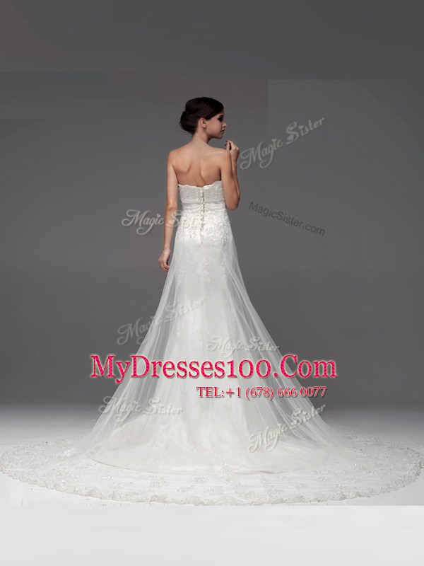 Brush Train Column/Sheath Wedding Dresses White Strapless Tulle Sleeveless With Train Lace Up