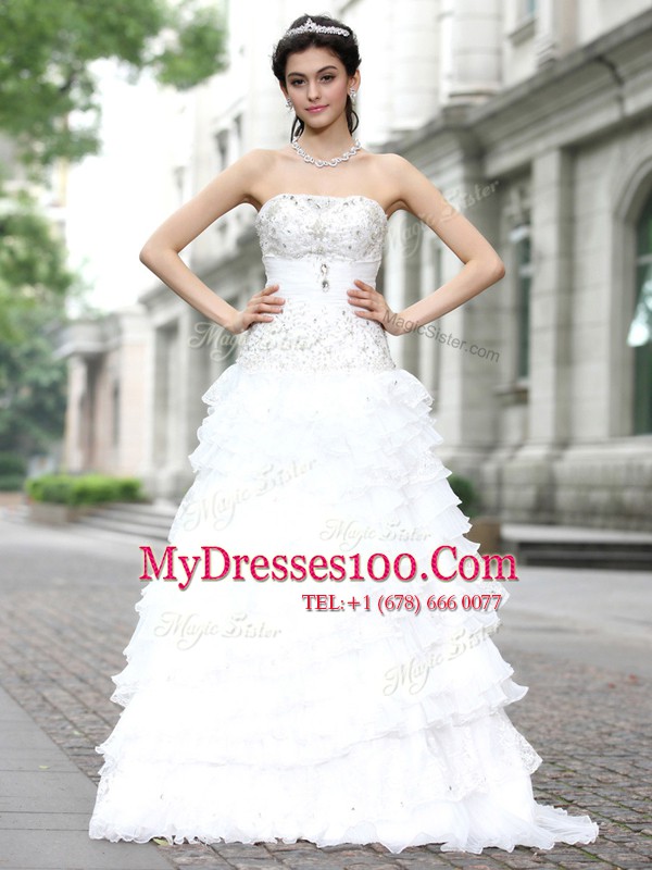 White Wedding Gowns Wedding Party and For with Beading and Ruffles and Ruffled Layers Strapless Sleeveless Lace Up