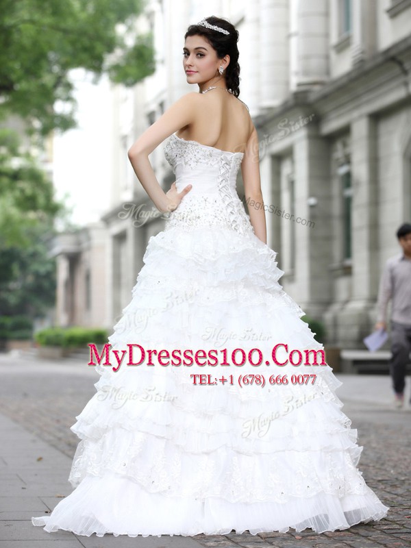 White Wedding Gowns Wedding Party and For with Beading and Ruffles and Ruffled Layers Strapless Sleeveless Lace Up