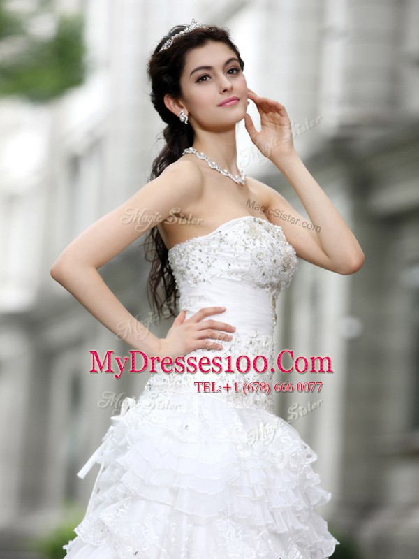 White Wedding Gowns Wedding Party and For with Beading and Ruffles and Ruffled Layers Strapless Sleeveless Lace Up