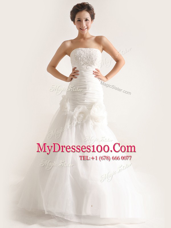 Sweep Train Mermaid Wedding Dresses White Strapless Tulle Sleeveless Zipper
