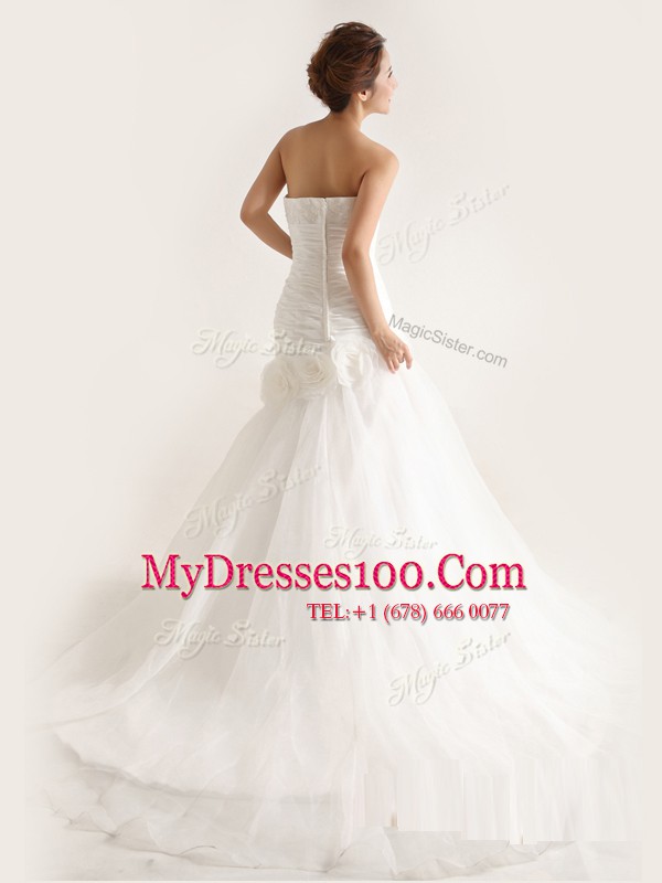 Sweep Train Mermaid Wedding Dresses White Strapless Tulle Sleeveless Zipper