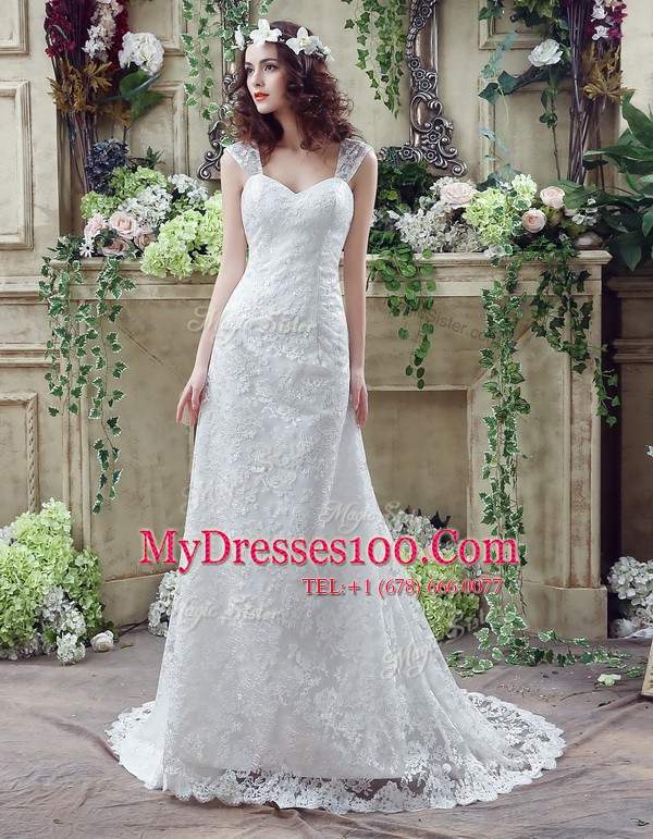 Discount Brush Train Column/Sheath Wedding Dress White Straps Lace Sleeveless Lace Up