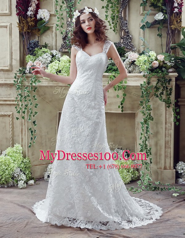 Discount Brush Train Column/Sheath Wedding Dress White Straps Lace Sleeveless Lace Up