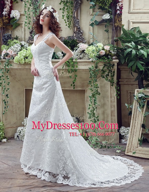 Discount Brush Train Column/Sheath Wedding Dress White Straps Lace Sleeveless Lace Up