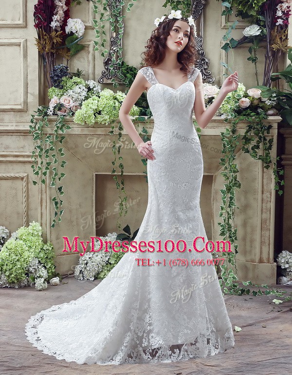 Discount Brush Train Column/Sheath Wedding Dress White Straps Lace Sleeveless Lace Up