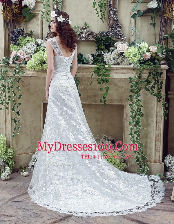 Discount Brush Train Column/Sheath Wedding Dress White Straps Lace Sleeveless Lace Up