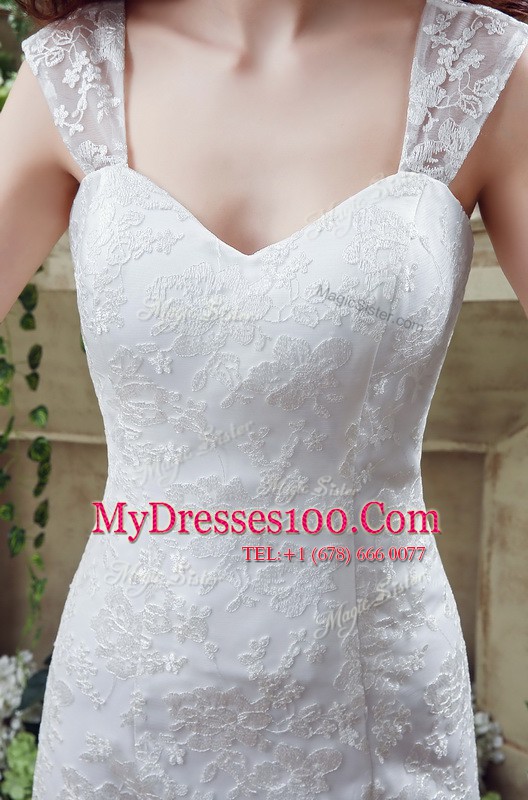 Discount Brush Train Column/Sheath Wedding Dress White Straps Lace Sleeveless Lace Up