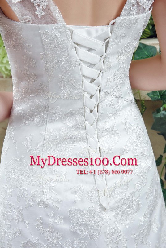 Discount Brush Train Column/Sheath Wedding Dress White Straps Lace Sleeveless Lace Up