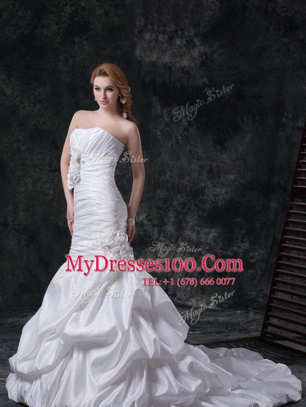 Glamorous Mermaid Pick Ups White Sleeveless Taffeta Brush Train Lace Up Wedding Gown for Wedding Party