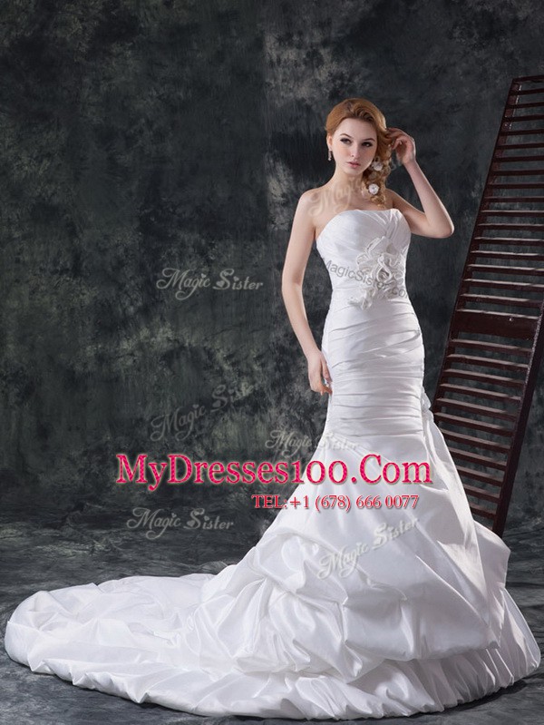 Glamorous Mermaid Pick Ups White Sleeveless Taffeta Brush Train Lace Up Wedding Gown for Wedding Party