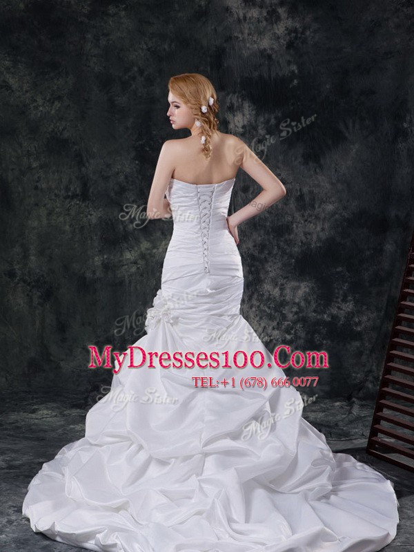 Glamorous Mermaid Pick Ups White Sleeveless Taffeta Brush Train Lace Up Wedding Gown for Wedding Party