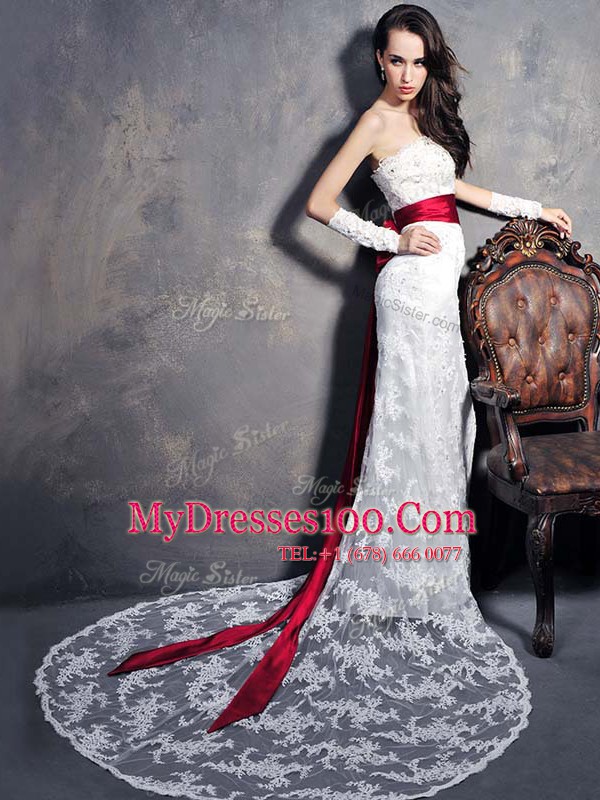 Smart White Lace Lace Up Bridal Gown Sleeveless With Brush Train Lace and Appliques and Bowknot and Belt