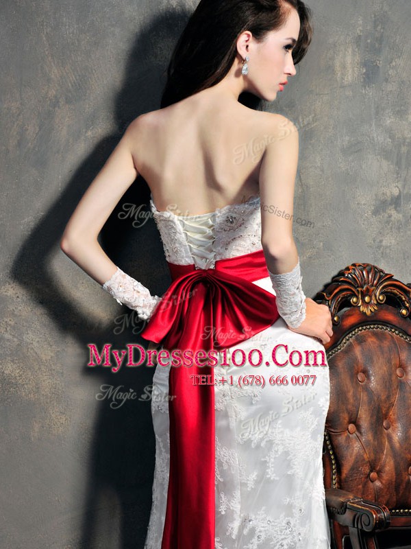 Smart White Lace Lace Up Bridal Gown Sleeveless With Brush Train Lace and Appliques and Bowknot and Belt