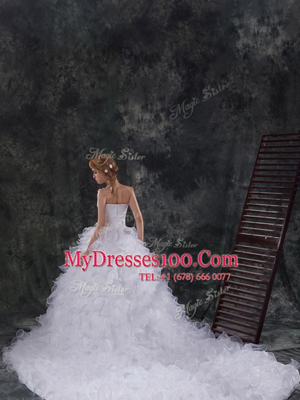 Edgy Scoop Lace Up Wedding Dress White for Wedding Party with Beading and Ruffles Chapel Train