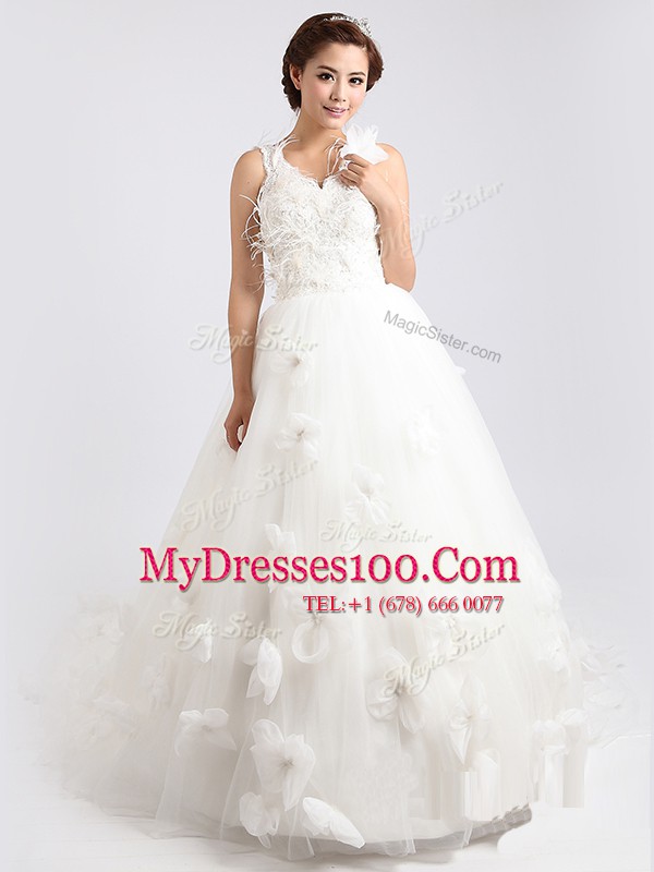 Scoop White A-line Tulle V-neck Sleeveless Appliques and Hand Made Flower Zipper Wedding Dress Sweep Train