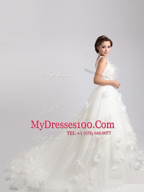 Scoop White A-line Tulle V-neck Sleeveless Appliques and Hand Made Flower Zipper Wedding Dress Sweep Train