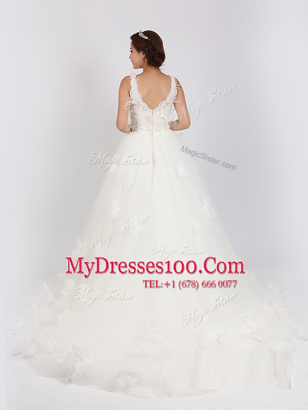 Scoop White A-line Tulle V-neck Sleeveless Appliques and Hand Made Flower Zipper Wedding Dress Sweep Train