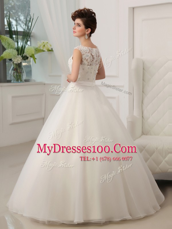 Dynamic White Wedding Dresses Wedding Party and For with Beading and Appliques Scoop Sleeveless Zipper
