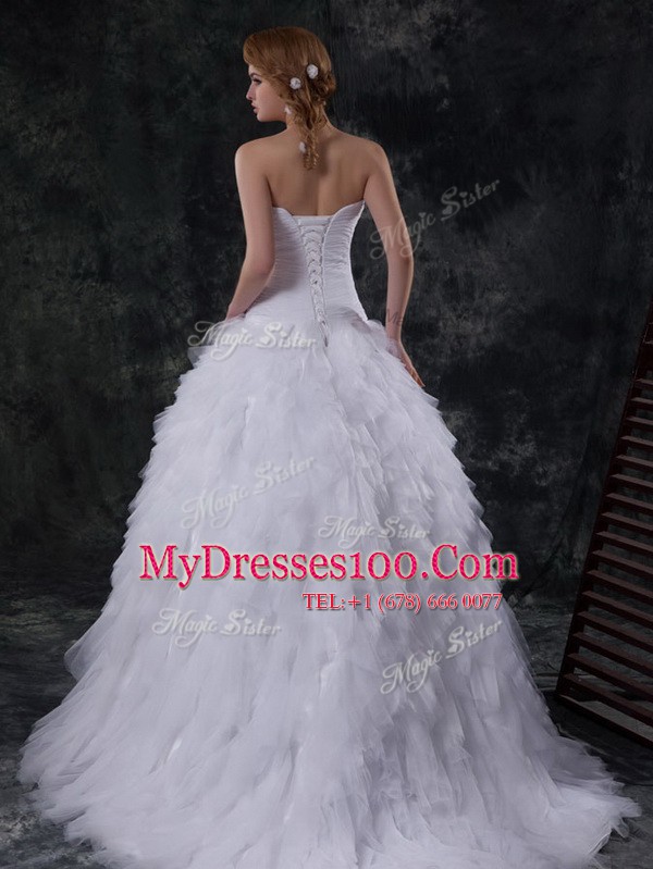Charming Sleeveless Brush Train Lace Up With Train Beading and Ruffles and Ruching and Hand Made Flower Wedding Dress