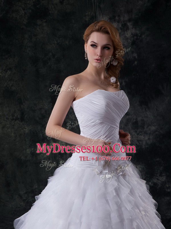 Charming Sleeveless Brush Train Lace Up With Train Beading and Ruffles and Ruching and Hand Made Flower Wedding Dress