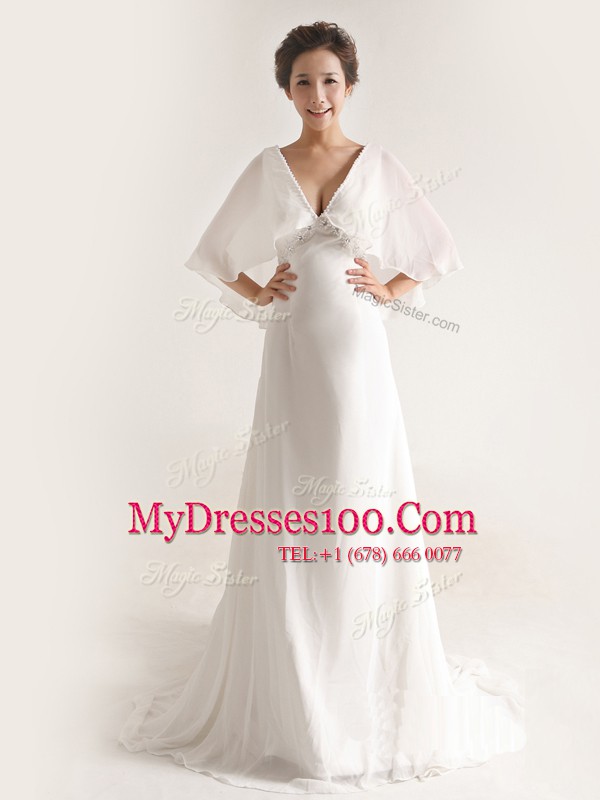 Discount Half Sleeves Chiffon With Brush Train Zipper Wedding Dresses in White with Ruching