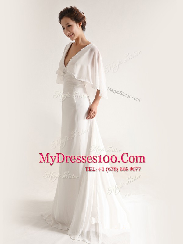 Discount Half Sleeves Chiffon With Brush Train Zipper Wedding Dresses in White with Ruching