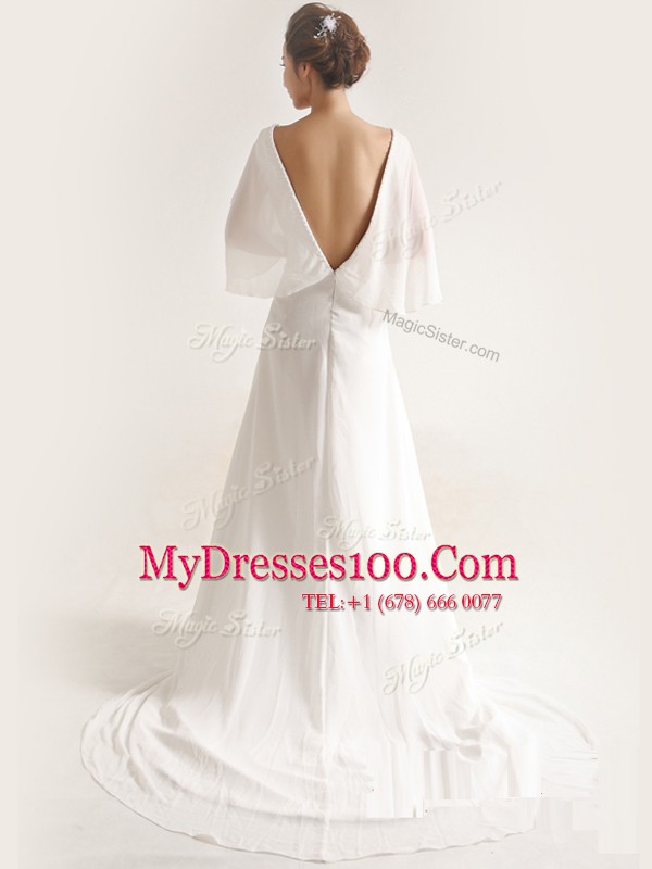 Discount Half Sleeves Chiffon With Brush Train Zipper Wedding Dresses in White with Ruching