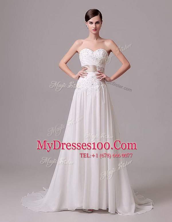 Modest Sweetheart Sleeveless Bridal Gown With Brush Train Beading and Belt White Chiffon