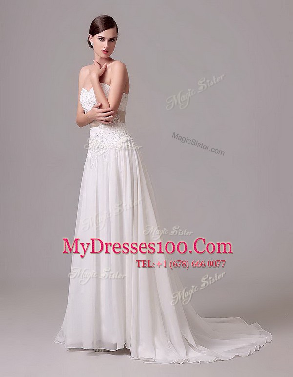 Modest Sweetheart Sleeveless Bridal Gown With Brush Train Beading and Belt White Chiffon