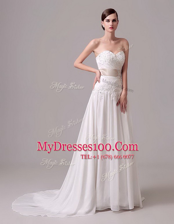 Modest Sweetheart Sleeveless Bridal Gown With Brush Train Beading and Belt White Chiffon