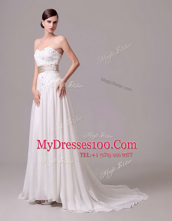 Modest Sweetheart Sleeveless Bridal Gown With Brush Train Beading and Belt White Chiffon