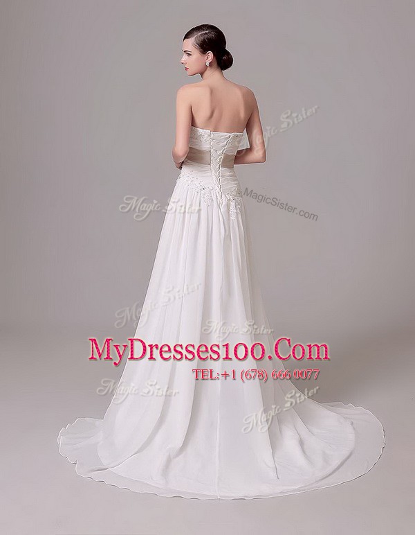 Modest Sweetheart Sleeveless Bridal Gown With Brush Train Beading and Belt White Chiffon