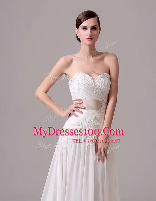 Modest Sweetheart Sleeveless Bridal Gown With Brush Train Beading and Belt White Chiffon