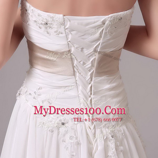 Modest Sweetheart Sleeveless Bridal Gown With Brush Train Beading and Belt White Chiffon