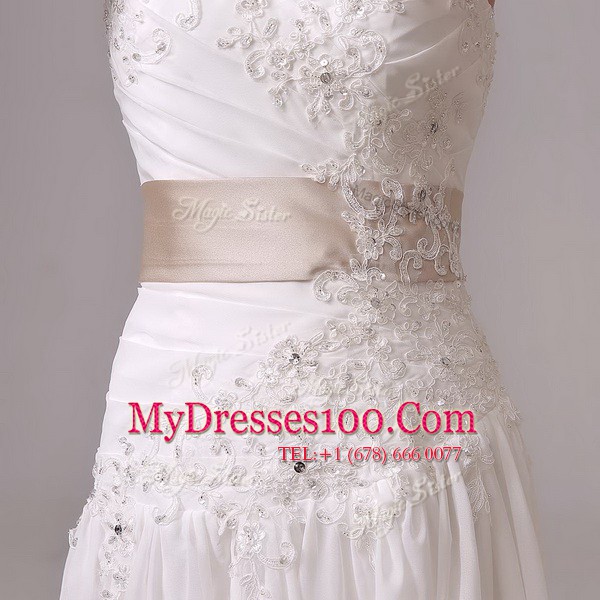 Modest Sweetheart Sleeveless Bridal Gown With Brush Train Beading and Belt White Chiffon