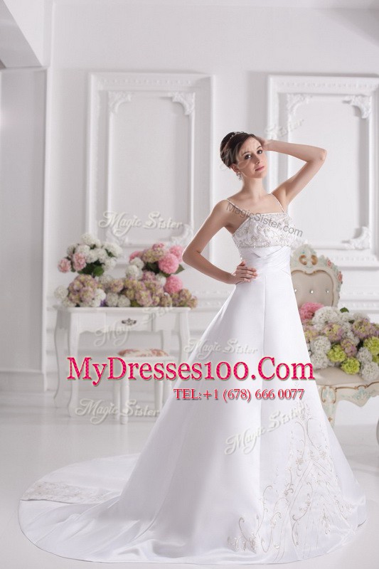 High Quality White Wedding Dress Wedding Party and For with Beading and Embroidery Spaghetti Straps Sleeveless Brush Train Zipper