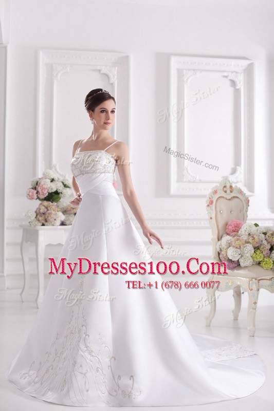 High Quality White Wedding Dress Wedding Party and For with Beading and Embroidery Spaghetti Straps Sleeveless Brush Train Zipper