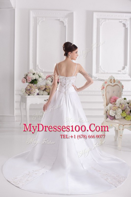 High Quality White Wedding Dress Wedding Party and For with Beading and Embroidery Spaghetti Straps Sleeveless Brush Train Zipper