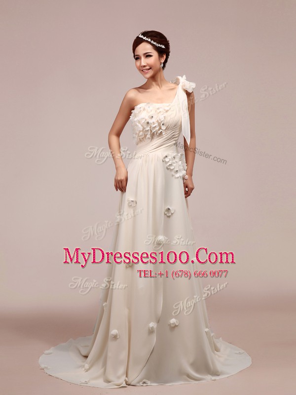 Ideal One Shoulder Sleeveless With Train Ruching and Hand Made Flower Lace Up Wedding Gowns with White Brush Train