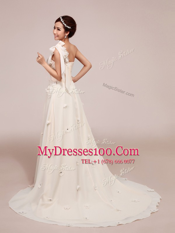 Ideal One Shoulder Sleeveless With Train Ruching and Hand Made Flower Lace Up Wedding Gowns with White Brush Train