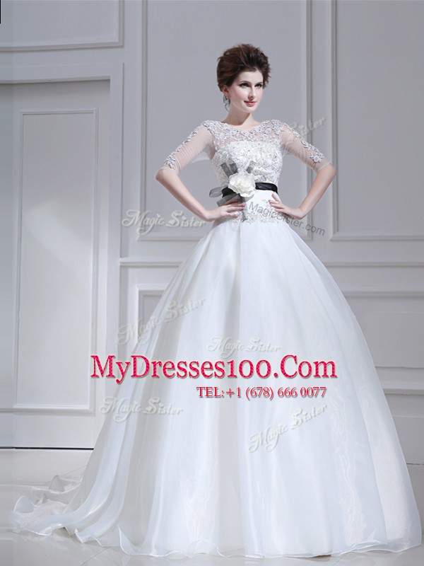 Scoop White Half Sleeves Organza Brush Train Zipper Wedding Dress for Wedding Party